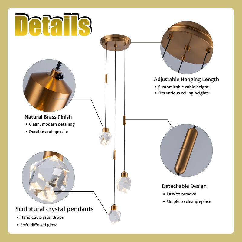 9'' Modern 3-Light Diamond Shape Crystal Cluster Integrated LED Pendant In Antique Gold Round Ceiling Lamp - W9''