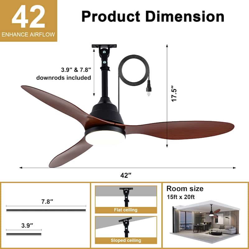 Cusp Barn 42" Outdoor Ceiling Fan with Light and Smart APP Remote Control, 6-Speed DC Motor Plug-in Hanging Fans with Cord