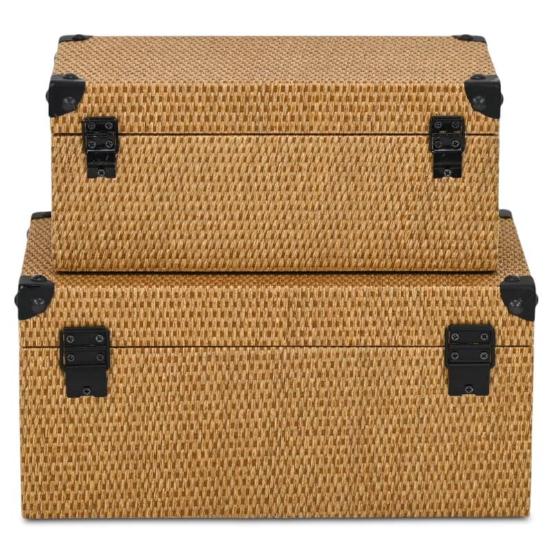 Iseult Set of 2 Rectangular Decorative Storage Boxes - Dark Brown Wicker Rattan Pattern