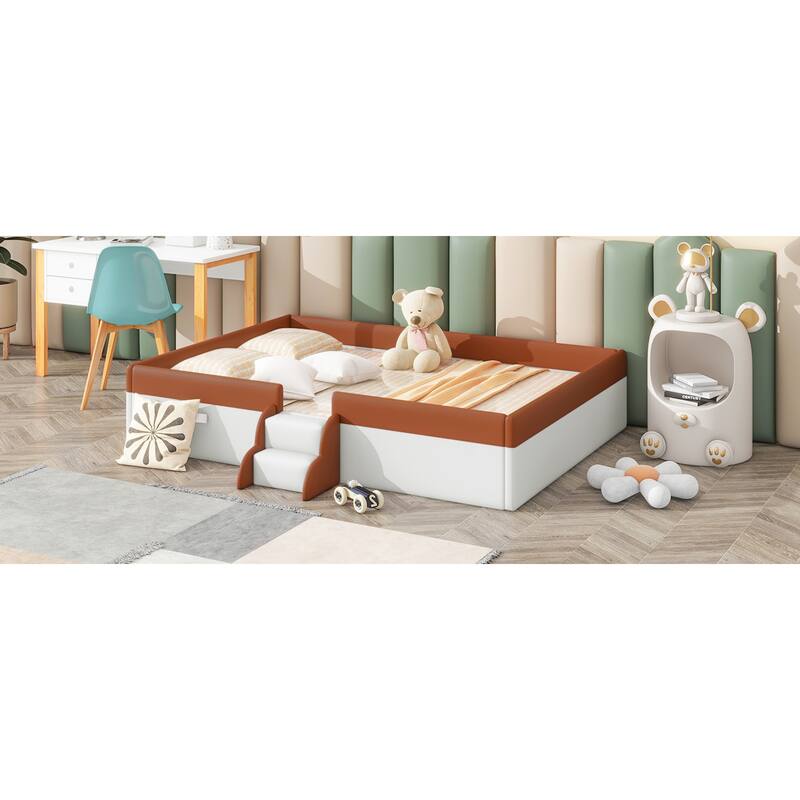 Roomfitters Twin/Full/Queen/King Size Upholstered Daybed Frame with Safety Fence and Stairs, PU Fabric Platform Bed with Slats