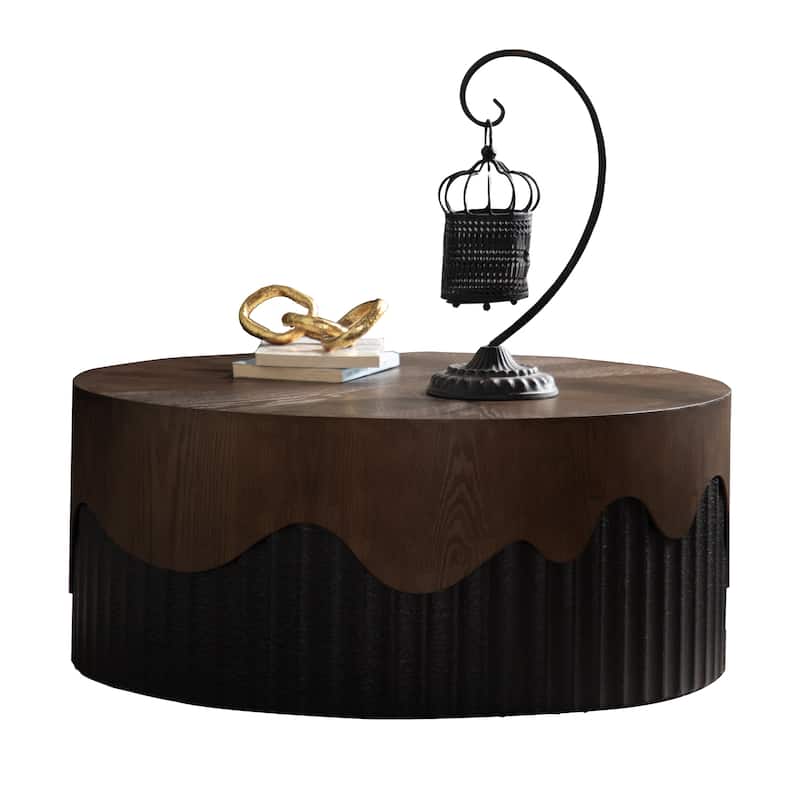 30.31" Round Coffee Table Handcrafted Relief Sturdy Pedestal Wooden Tea Table for Living Room no need to Assemble