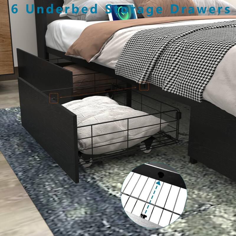 Bed Frame with 4 Storage Drawers, LED Headboard Shelf, Charging Station, No Noise Metal Platform Bed No Box Spring Needed