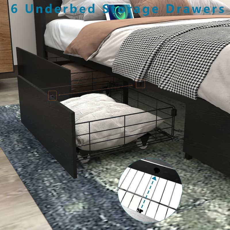 Platform Bed Frame with Storage Headboard, USB Charging Station, LED Lights, Storage Shelf, 4 Storage Drawers, No Noise, Black
