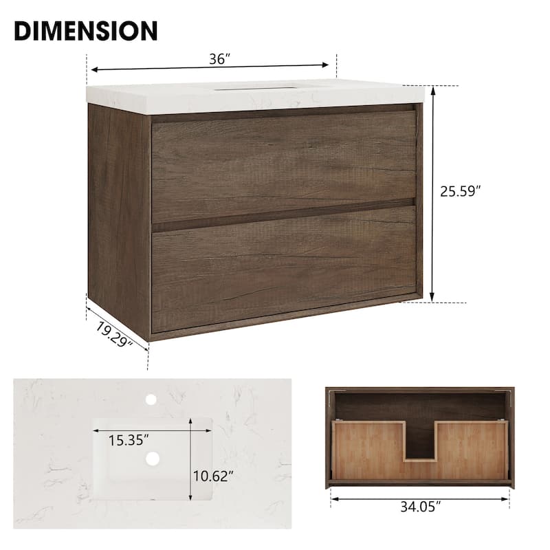 Sylphar 36 inch Bathroom Vanity with Sink, Floating Oak Cabinet with Stone Top