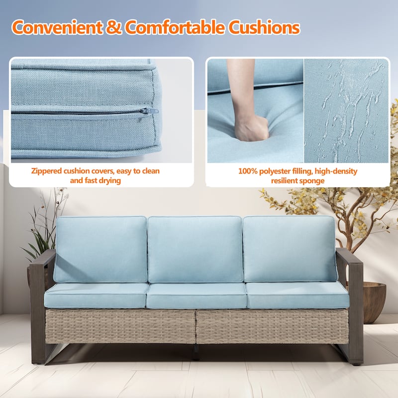 Cozywor Wicker Outdoor Patio Sofa Steel Frame with Beige Cushions