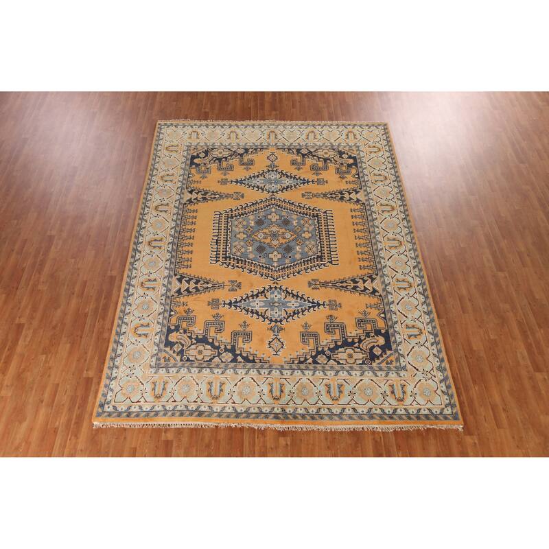 Geometric Viss Indian Area Rug Handmade Orange Wool Carpet - 8'10" x 12'1"