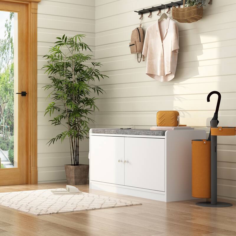 Shoe Storage Bench Storage Entryway Bench Door Cabinet Cushioned - White