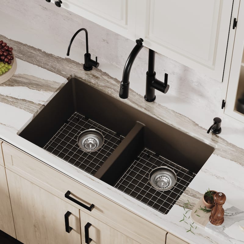 Karran 32" Undermount Double Equal Bowl Quartz Kitchen Sink Kit - 32" x 19.5" x 9"
