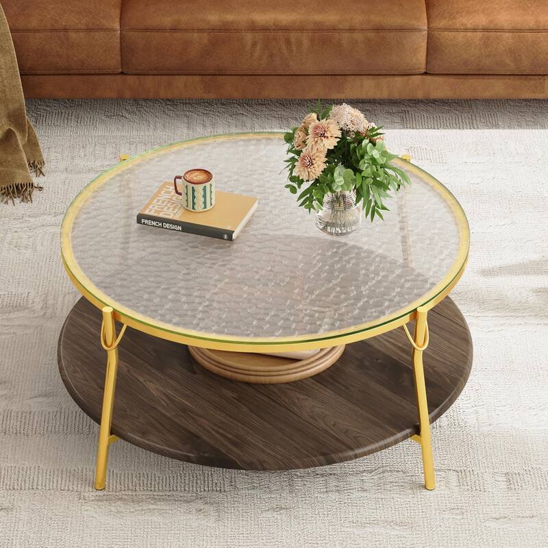 29.9" Modern Round Walnut 2-Tier Coffee Table with Glass Top and Gold Base