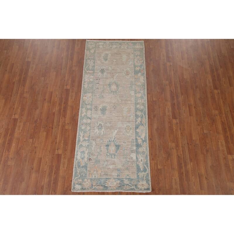 Hand Knotted Oriental 100% Wool Carpet Transitional All-Over Beige & Ivories Oushak Runner Rug - 7' 11'' X 3' 3''