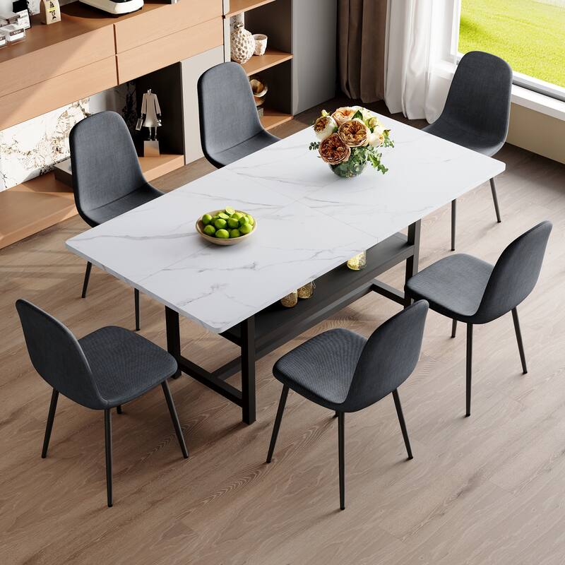 7-Piece Modern Dining Table Set, 71x35.4 Inch Wood Grain Table with 6 Linen-Cotton High