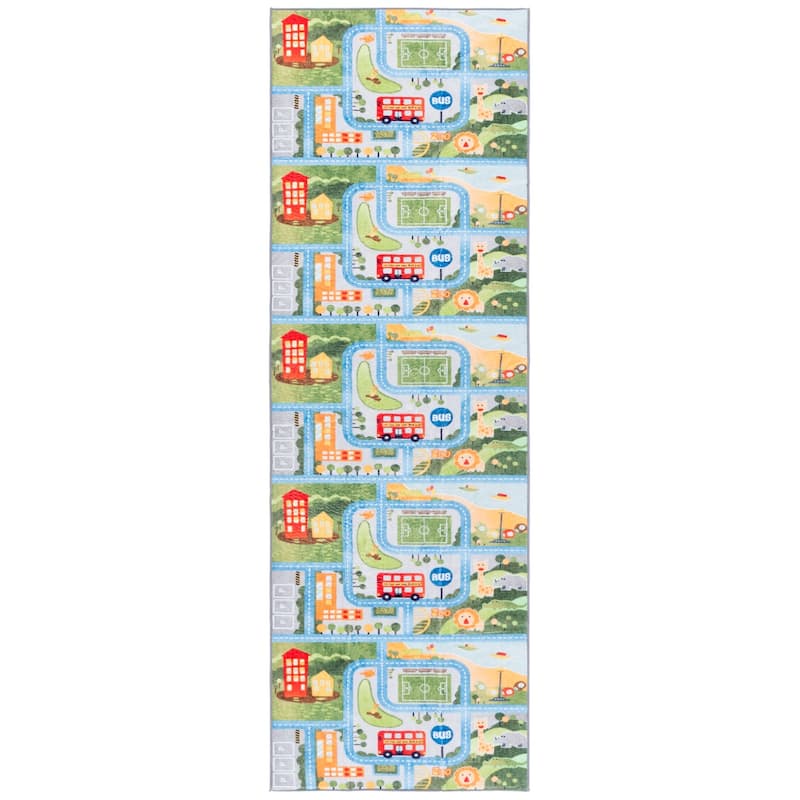 SAFAVIEH Santa Monica Kids Xaveria Machine Washable & Slip Resistant Rug - 2'6" x 8' Runner - Green/Grey