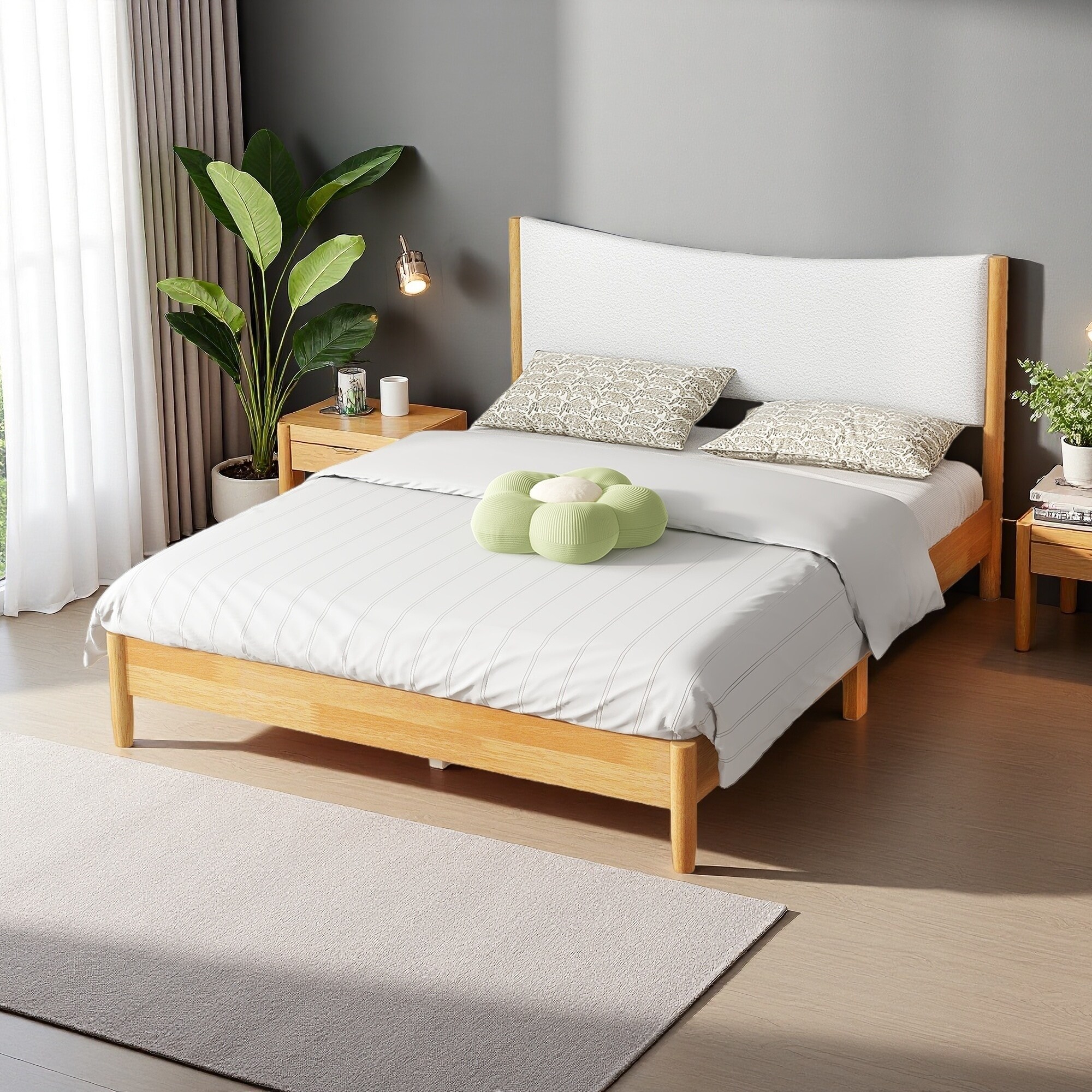 Queen Rubber Wood Bed, Boucle Headboard, Underbed Storage, Enhanced Support