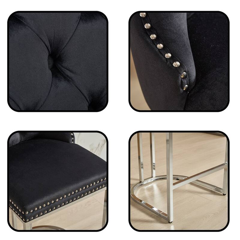 Set of 2 Modern 25 Inch Counter Bar Stools Velvet Upholstered Button Back Chrome Legs