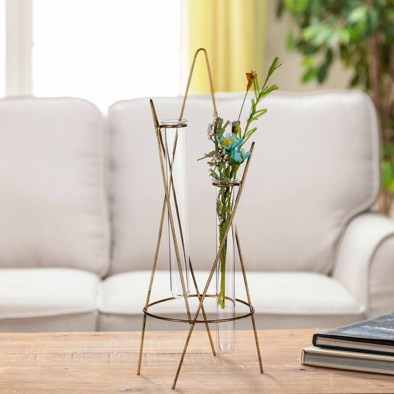 12.6 in H Gold Geometric Glass Vase with Gold Holder