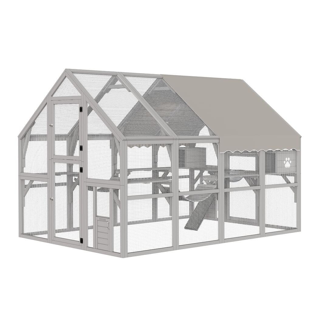 Outdoor Large Cat Catio Enclosure Wooden House - Grey