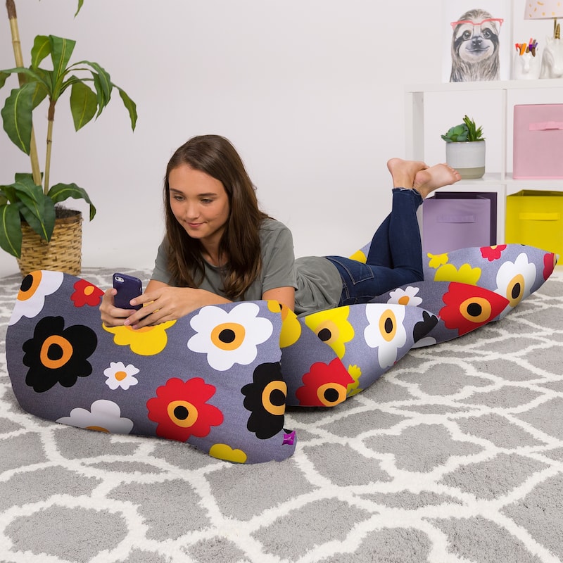 Kids Floor Pillow Cover,Premium Cushion and Lounger Covers for Pillows - Stuff w/ King Pillows - Canvas - Multi-colored Flowers on Gray