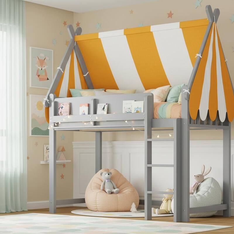 Loft Bed with Canopy, LED Fairy Lights & Front Bookshelf by Harper&Bright Designs