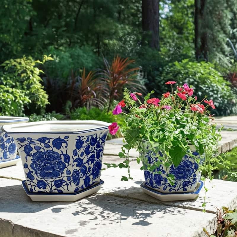 Stoneware Saucer Planters Attached Base for Home Garden (Set of 2)
