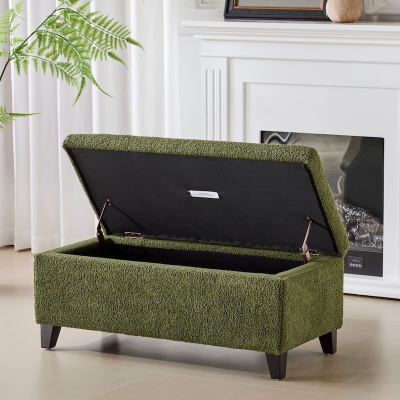 Storage Ottoman With Flip-Top Lid, Easy Assembly, Boucle Fabric & Birch Wood Legs