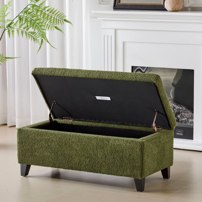 Storage Ottoman with Flip-Top Lid, Easy Assembly, Boucle Fabric & Birch Wood Legs, Green