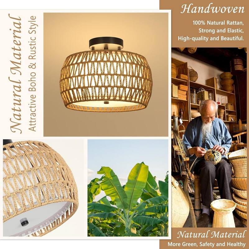 Light Fixtures Ceiling Mount, Rattan Semi Flush Mount Ceiling Light, Farmhouse Light Fixtures with Fabric Shades