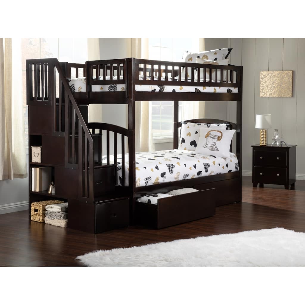 AFI Westbrook Twin over Twin Size Staircase Bunk Bed with Bed Drawers & Charging Station in Espresso