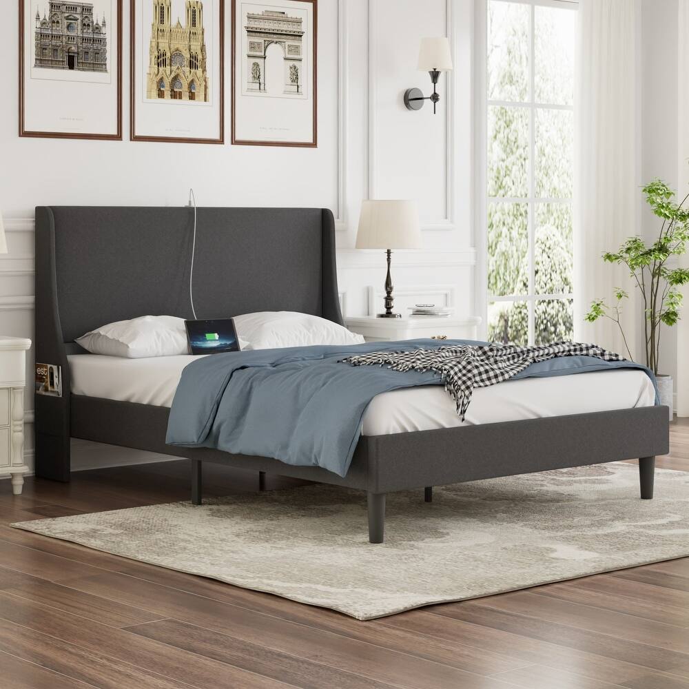 VECELO Bed Frame with Upholstered Wingback Headboard Platform Bedframe with Charging Station & Side Pockets