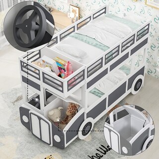 Twin Over Twin Bus-Shaped Bunk Bed with Wheels and Headboard Storage, Solid Wood Low Bunk Bedframe with Ladder & Guardrail
