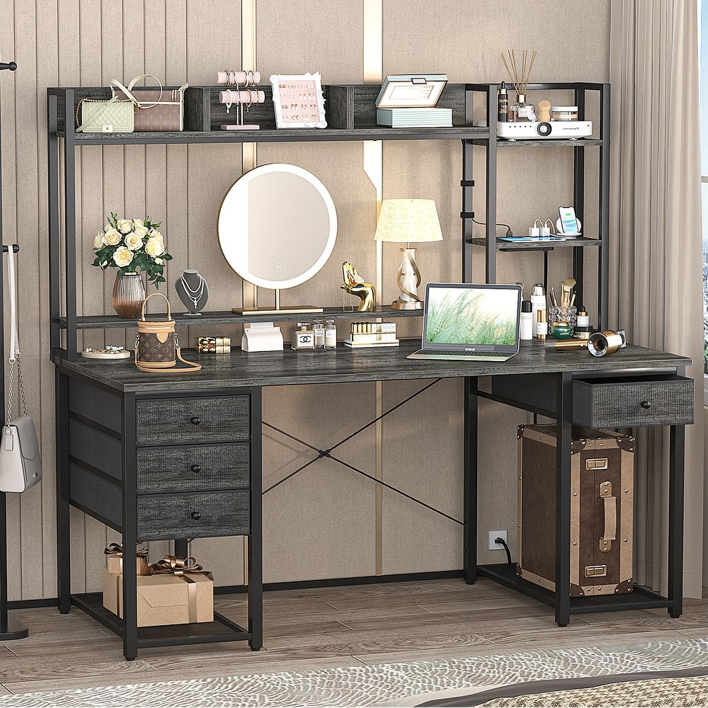 Gaming Desk with Hutch and Drawers, Office Computer Desk with Charge Station and LED Light