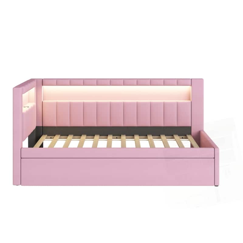 Upholstered Platform Bed with USB Ports and LED Belt With Trundle