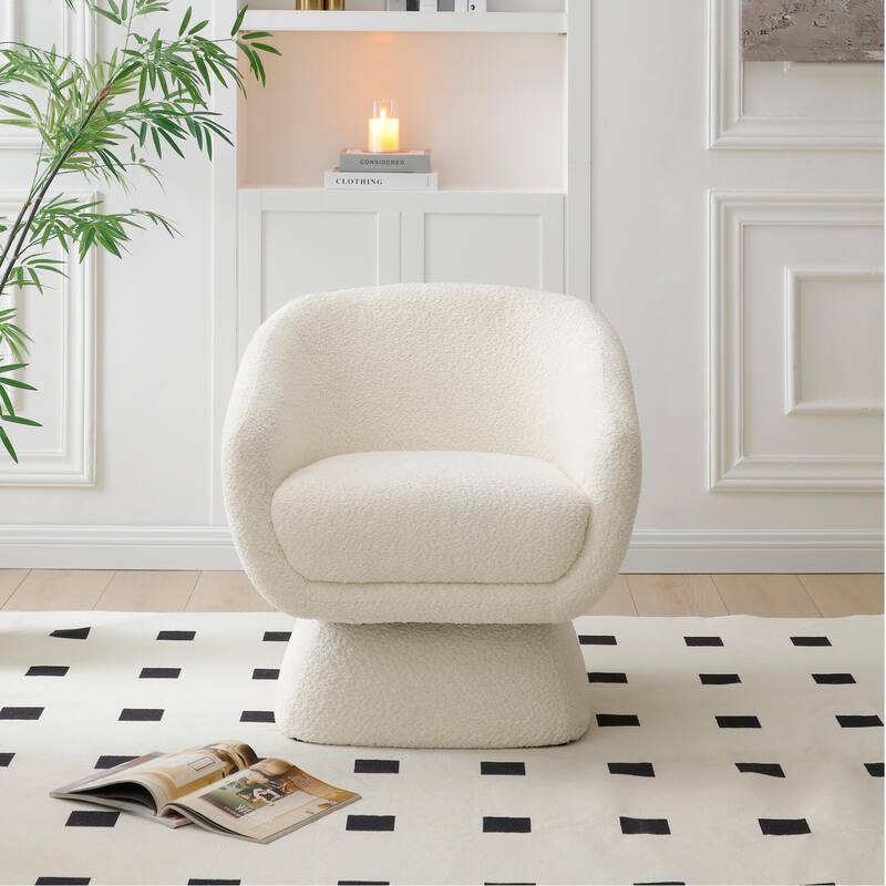 White Boucle swivel Chair, Solid Wood Frame, Modern Leisure Armchair, Ideal for Living Room & Bedroom - White