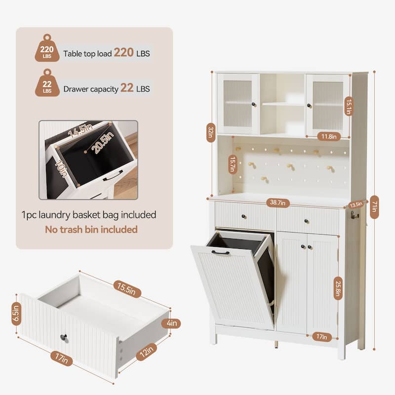 71" Fluted Kitchen Pantry Storage Cabinet With Tilt-out Trash Can Fit 10 Gallon,tall Kitchen Hutch Cabinets - 38.7"Lx13.5"Wx71"H