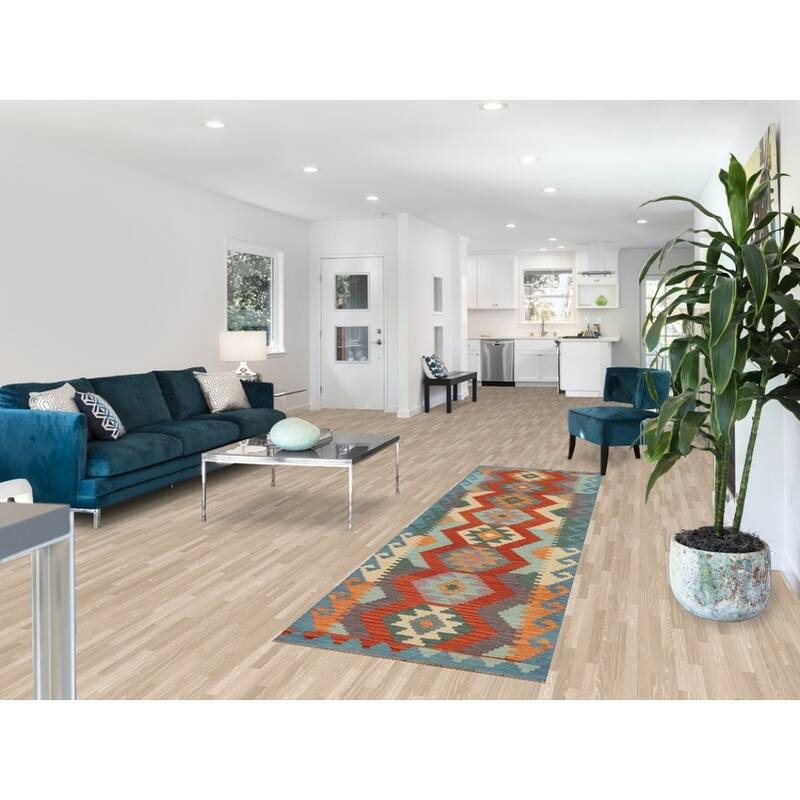 Hand Woven Oriental 100% Wool Carpet Southwestern Geometric Multi-Colored Kilim Runner Rug - 9' 7'' X 2' 8''