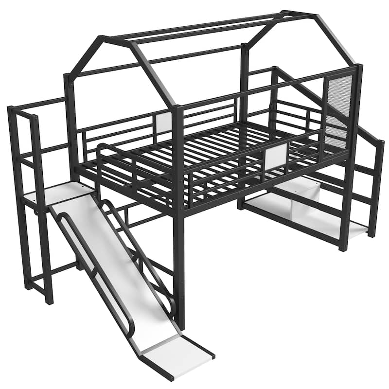 Fun Play House-shaped Loft Bed Metal Bed Frame with Grid and Shelves