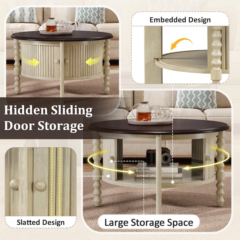 Round Slatted Coffee Table Accent Table with Storage Shelf, Modern Cocktail Table End Table with Sliding Door