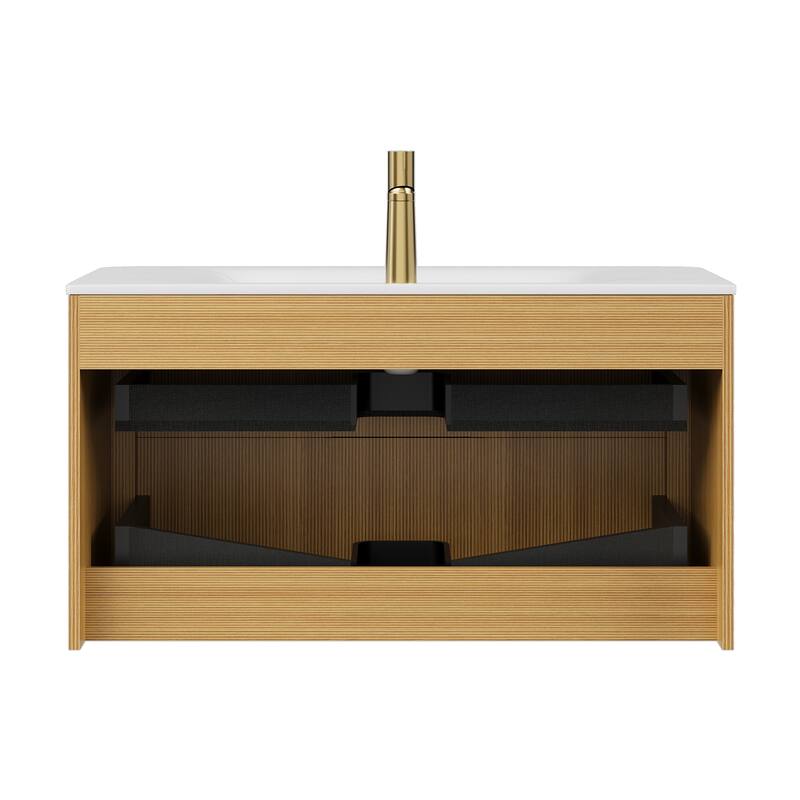 GDF Studio - Zane Bathroom Vanity with Ultra-Pinstriped Drawer Fronts & Carrara White Sintered Stone Basin, WITHOUT Faucet