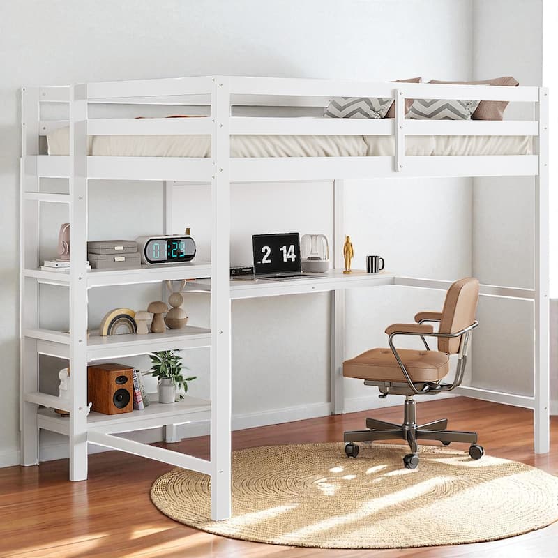 Twin Size Wooden Loft Bed with Desk, Shelves and Writable Board, Space Saving Work and Sleep Station