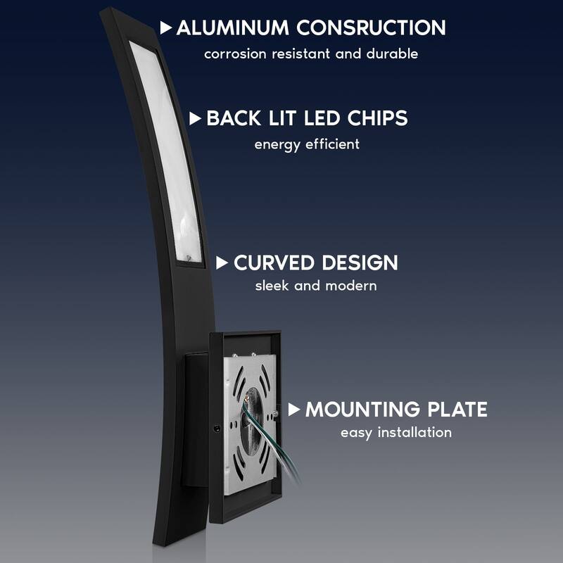 LUXRITE 15-Inch LED Curved Outdoor Wall Sconce, 5CCT, 1000LM, 15W, IP65, Dimmable, Exterior Light Fixture Black 2 Pack
