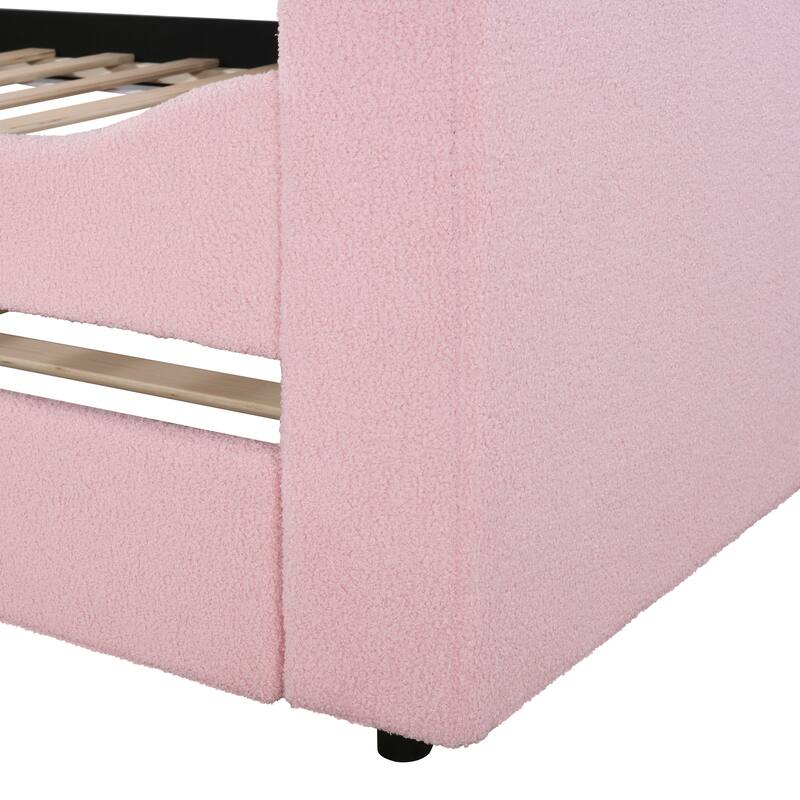 Teddy Fleece Daybed Leisure Upholstered Daybed Frame with Storage Armrest and Integrated Bluetooth Audio System and Trundle