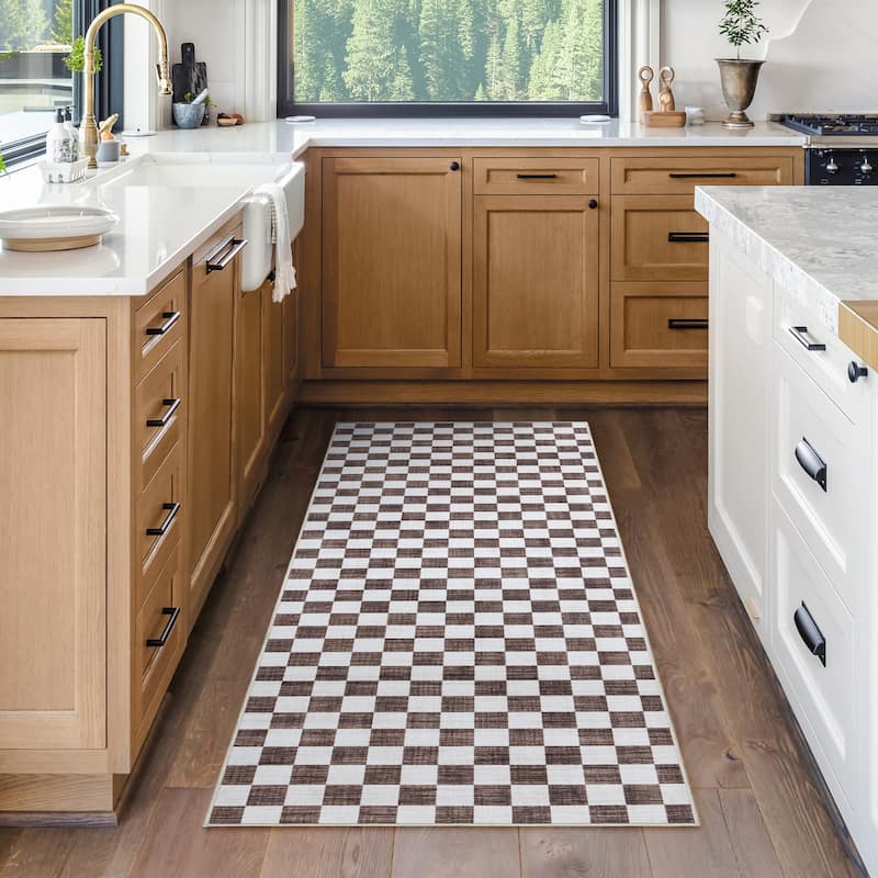 Gertmenian Crystal Print Soft Flat Pile Polyester Slip Resistant Washable Indoor Printed Area Rug Collection - 2' 2" x 6' - Checker Beige - Runner