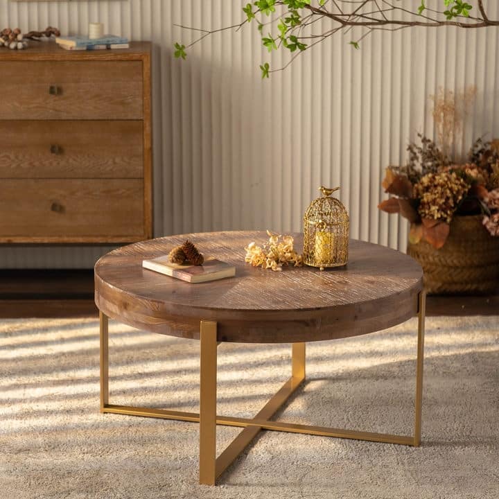 Modern Retro Splicing Round Coffee Table with Cross Legs - Natural and Gold