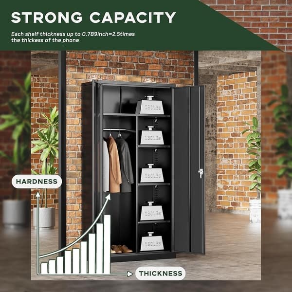Lockable Metal Garage Storage Cabinet – 4 Shelves, Pegboard & Hanging Rod, Black Steel Utility Cabinet For Workshop, Garage, Laundry Room