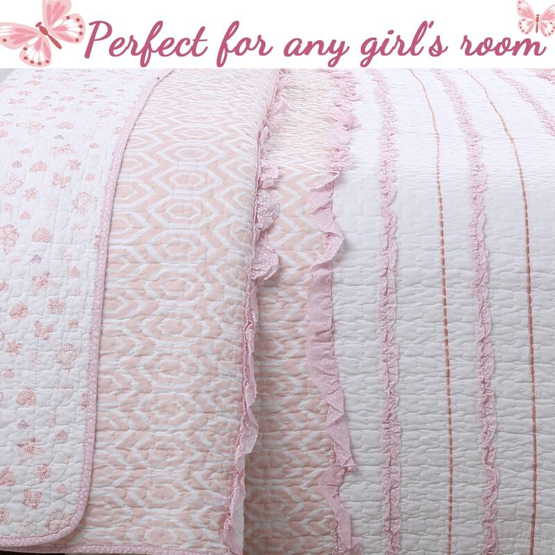 Cozy Line Pretty in Pink Ruffle Stripe Cotton Quilt Bedding Set