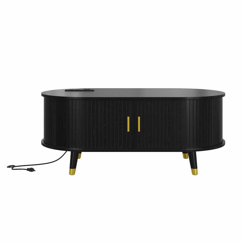 42.5"W Wooden Oval Fluted Coffee Table with Charging Station