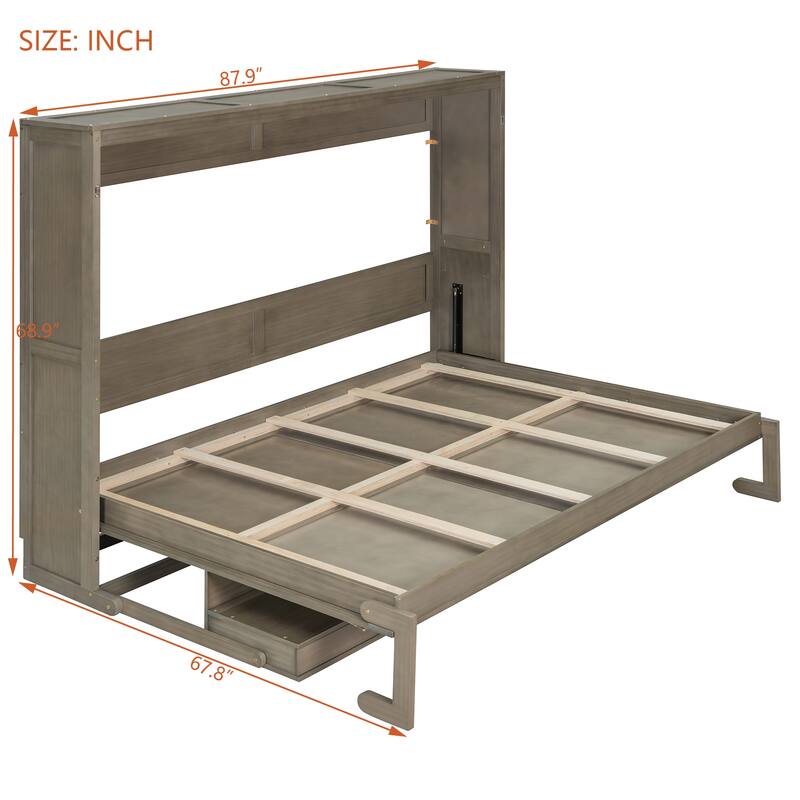 Queen Size Hydraulic Lift Murphy Bed with Vanity Desk and 2 Drawers, Solid Wood Wall Murphy Bed Cabinet, No Box Spring Needed