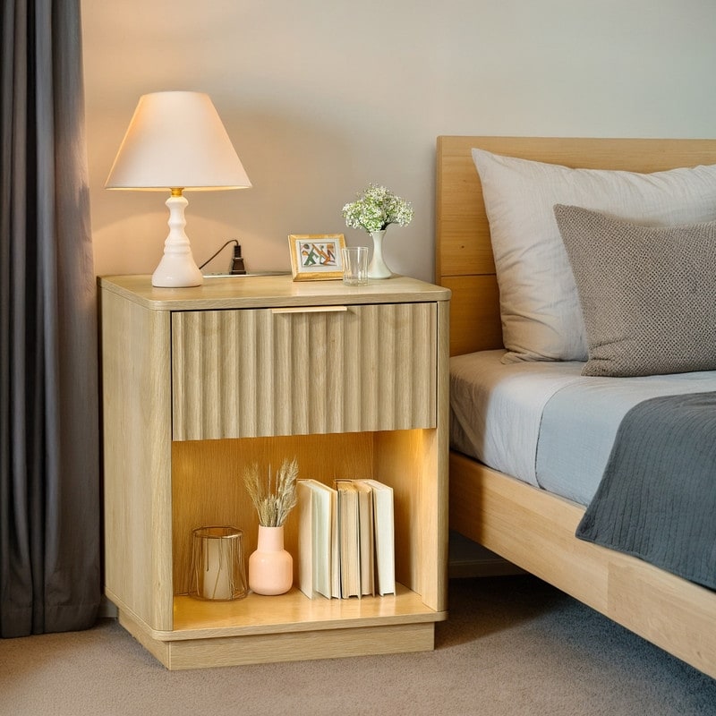 Nightstand 1 Drawer Lower Shelf P2 MDF 19 inches with USB RGB Lights Grid