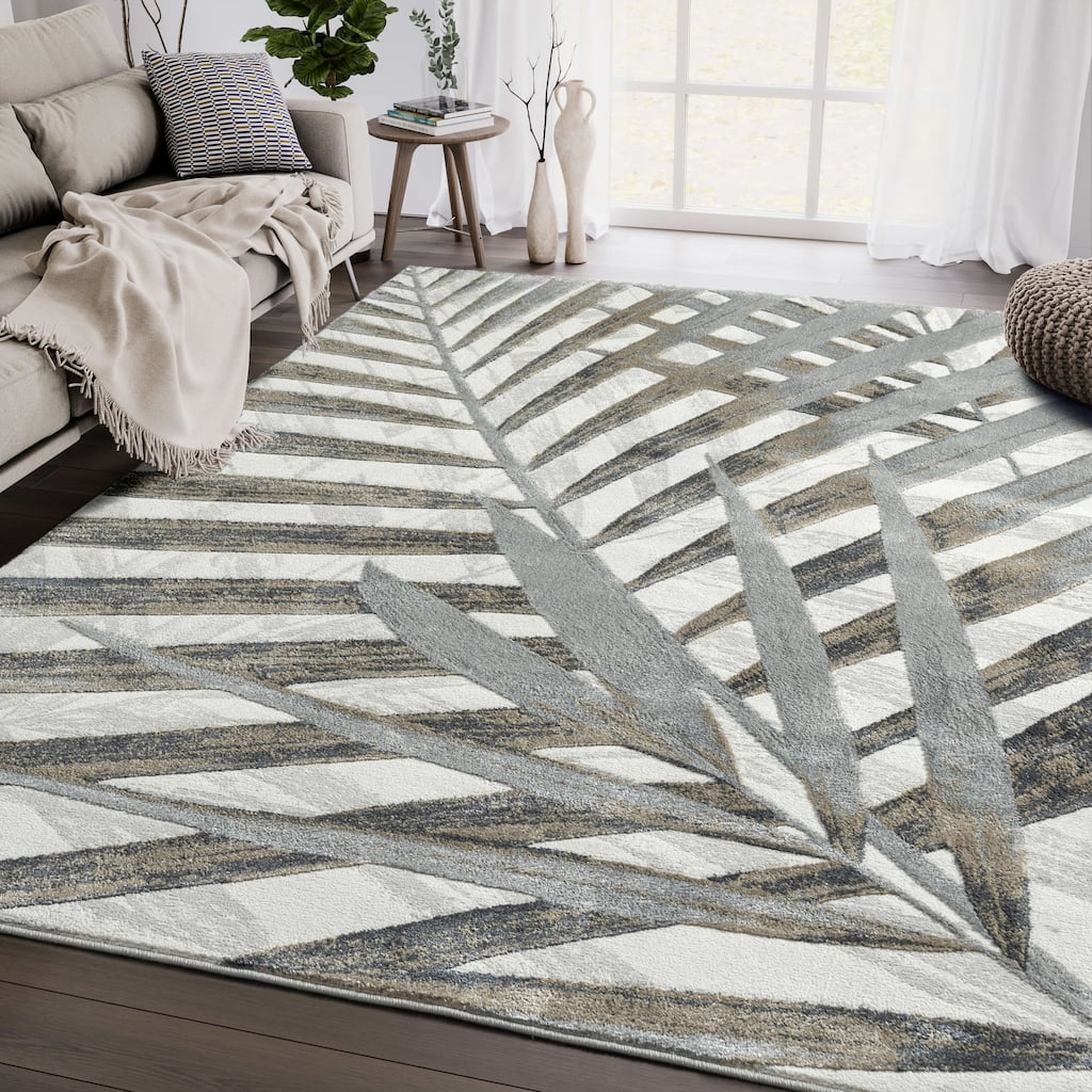 Abani Nova NOV110B Grey and Brown Floral Palm Area Rug