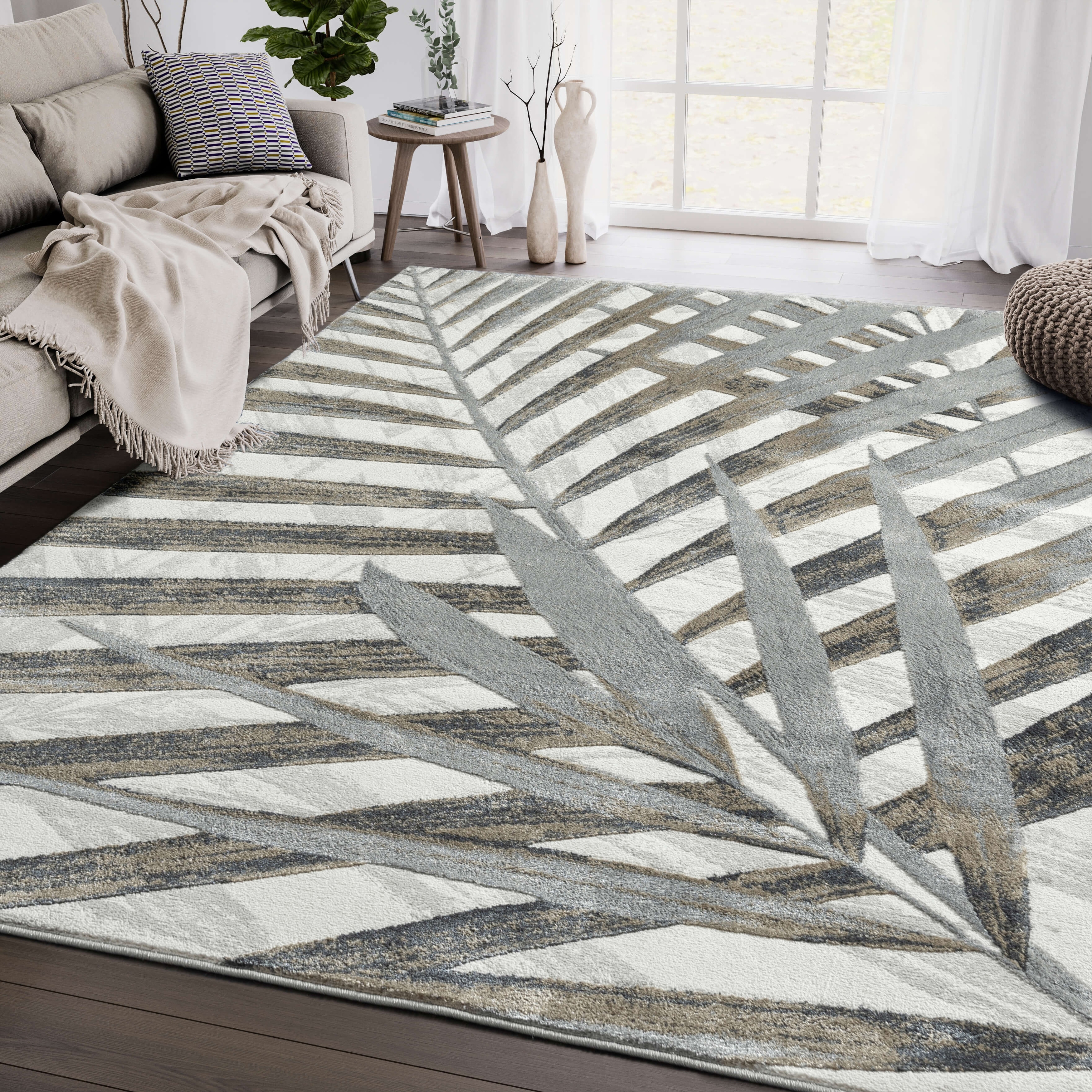 Abani Nova NOV110B Grey and Brown Floral Palm Area Rug