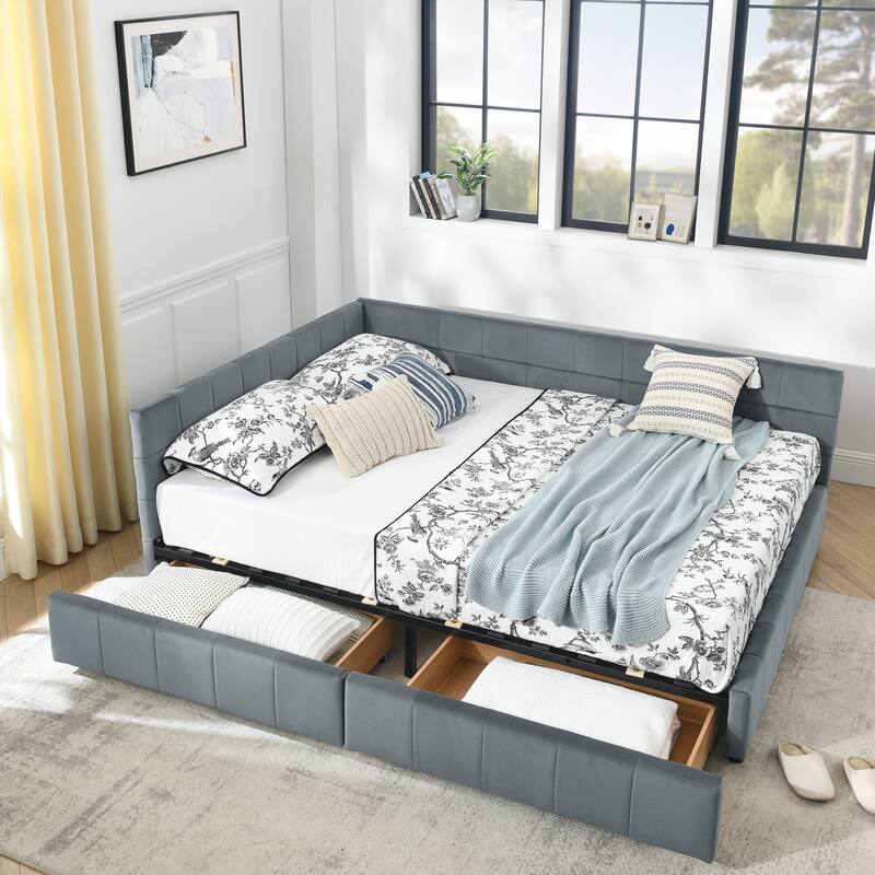 L-shaped Velvet Upholstered Daybed Tufted Sofa Bed with Soft Backrest Armrests - and Optional Corner Storage Day Bed - Grey with Drawers - Queen